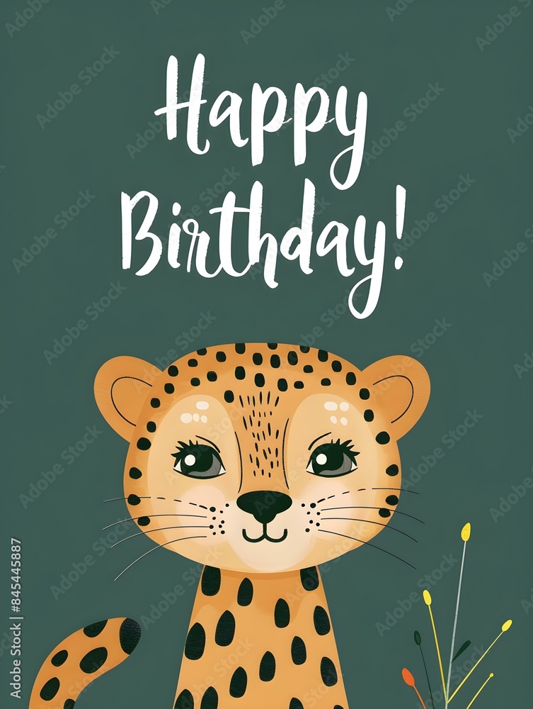Naklejka premium Happy Birthday Card with a cute Cheetah Illustration on a dark green Background