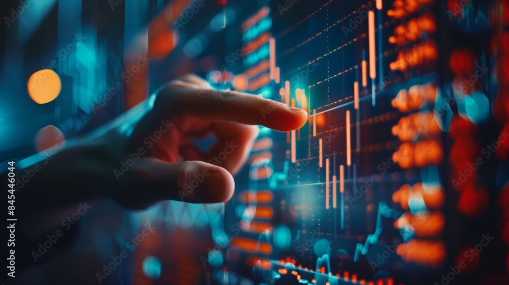 Close up of hand pointing at glowing business chart. Stock, market and trade concept. Can be used for advertising, marketing or presentation. Close up of hand pointing at glowing business chart. Stock, market and trade concept. Can be used for advertising, marketing or presentation.