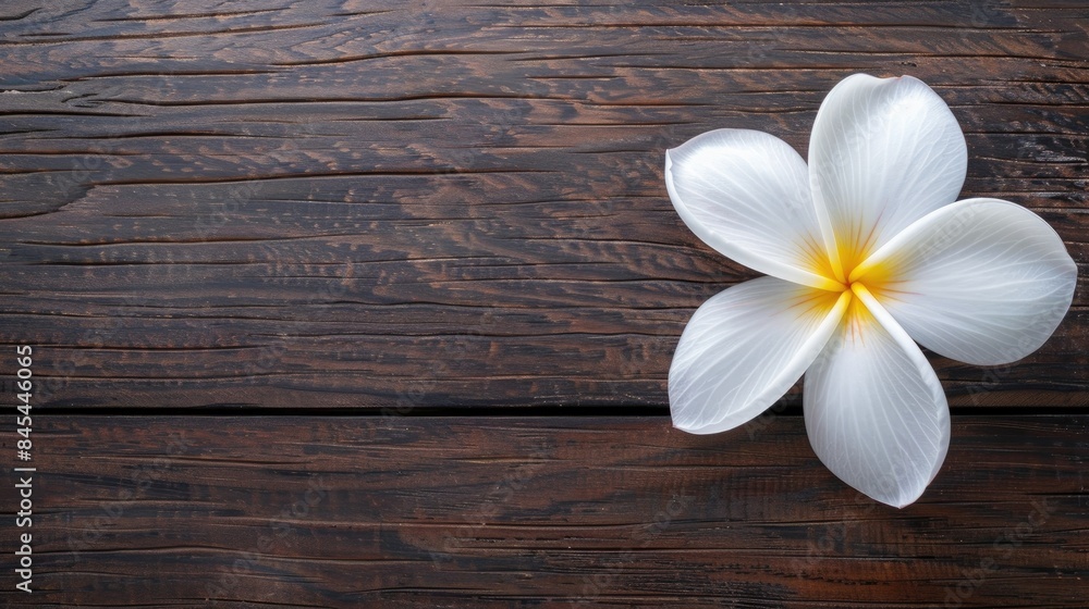 White Plumeria flower on wooden table top view with space for text White Plumeria flower on wooden table top view with space for text