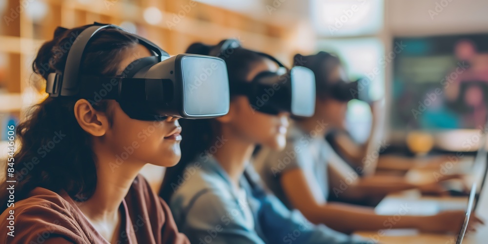 person with headphones. Virtual Learning Environment Modern blurred background image of students engaged in a virtual learning environment, using VR headsets to explore interactive lessons. person with headphones. Virtual Learning Environment Modern blurred background image of students engaged in a virtual learning environment, using VR headsets to explore interactive lessons.