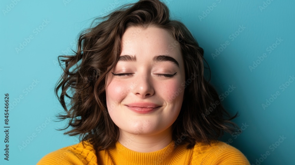Joyful young caucasian woman with closed eyes and a cheerful smile Joyful young caucasian woman with closed eyes and a cheerful smile