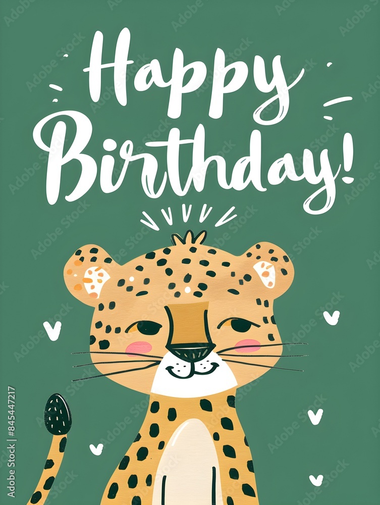 Naklejka premium Happy Birthday Card with a cute Cheetah Illustration on a green Background