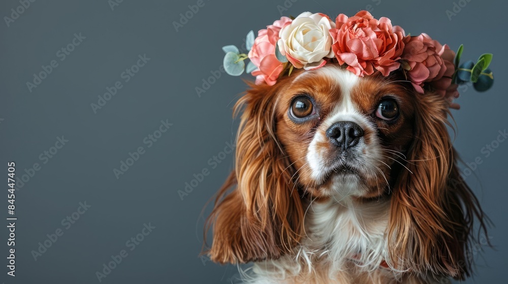 Naklejka premium A Cavalier King Charles Spaniel with a flower crown on its head is looking at the camera with a curious expression.