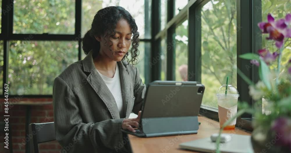 Young businesswoman sitting in Co-working Space using laptop and tablet to work with fellow businessmen online. Webinars are cutting edge technology Young businesswoman sitting in Co-working Space using laptop and tablet to work with fellow businessmen online. Webinars are cutting edge technology