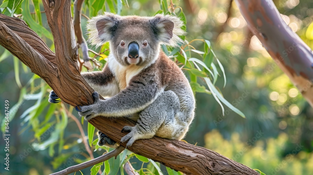 Fototapeta premium Cute Koala Bear Sitting on a Branch in a Peaceful Nature Setting. Adorable and relaxed. Perfect for nature lovers and animal enthusiasts. 