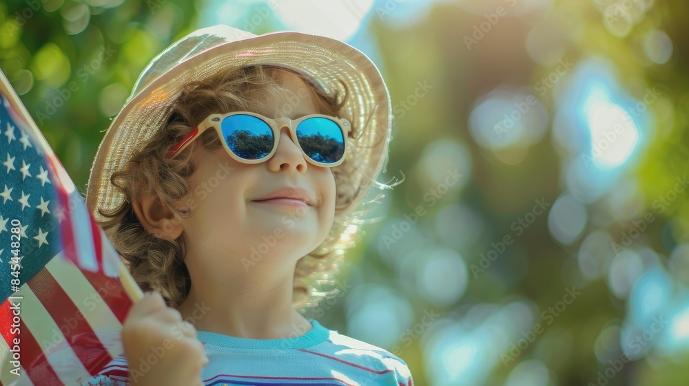 Happy boy holding flag outdoors, wearing hat and sunglasses Happy boy holding flag outdoors, wearing hat and sunglasses