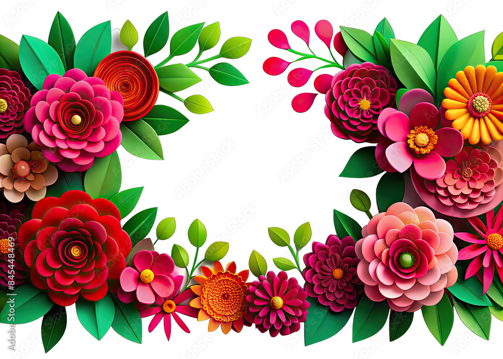 A vibrant border of paper flowers, leaves, and branches on a transparent background. Generative AI A vibrant border of paper flowers, leaves, and branches on a transparent background. Generative AI
