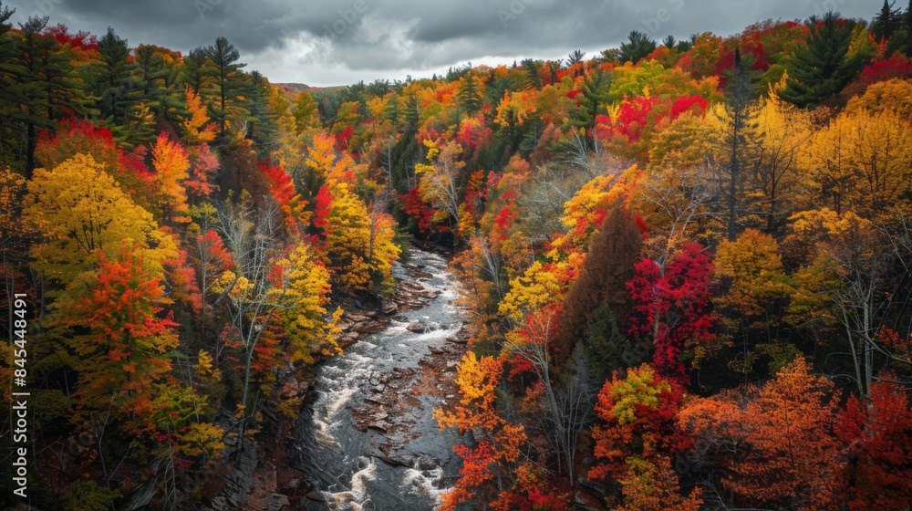 Vibrant Autumn Forest Panorama: River Meandering Through a Patchwork of Red, Orange, Yellow, and Green Trees from an Elevated Viewpoint Vibrant Autumn Forest Panorama: River Meandering Through a Patchwork of Red, Orange, Yellow, and Green Trees from an Elevated Viewpoint