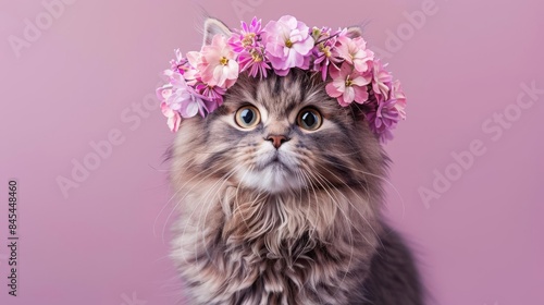 A beautiful cat wearing a crown of flowers. The cat is sitting on a pink background and looking at the camera. photo