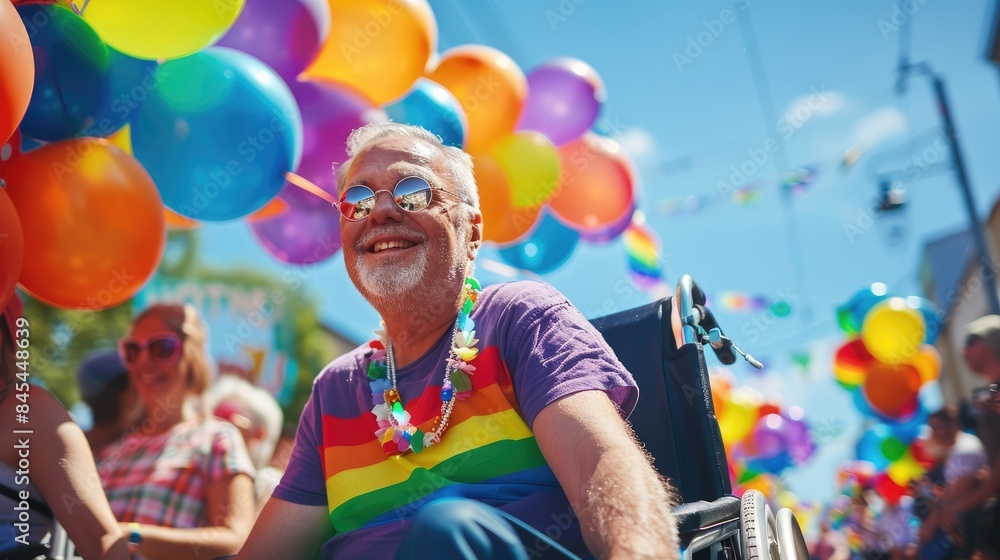 Fototapeta premium Happy senior man in wheelchair celebrating gay pride parade in crowd. Mature male wearing rainbow shirt. Summer street party blue sky people & colourful balloons. Pride month LGBTQ, Generative Ai