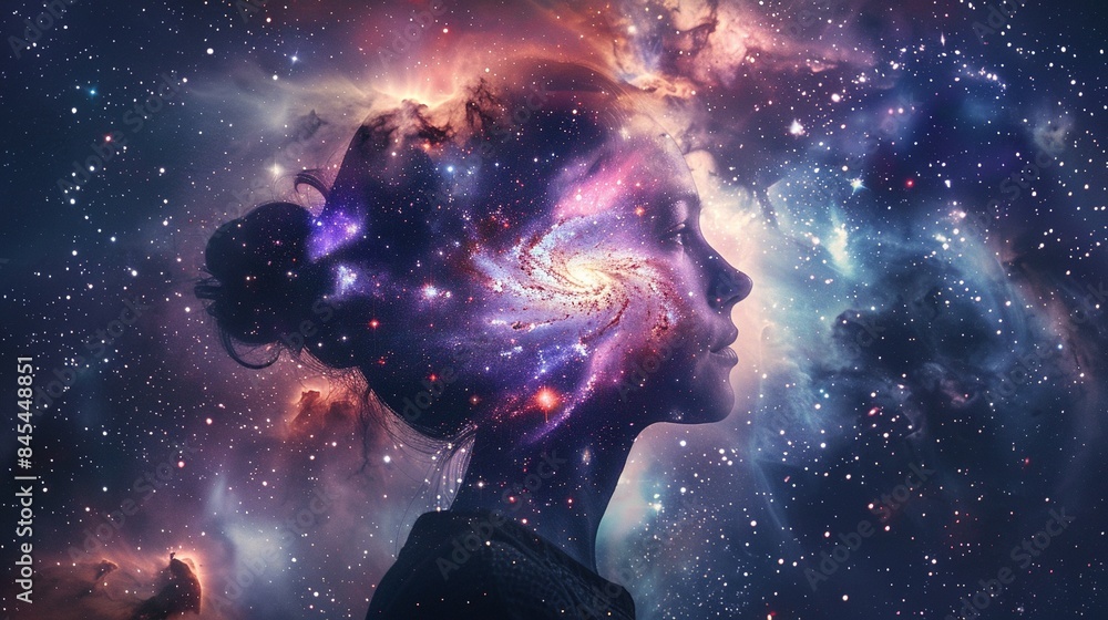 A female figure and brain mixed with the galaxy, illustrating mental wellbeing and neuronal network concepts A female figure and brain mixed with the galaxy, illustrating mental wellbeing and neuronal network concepts