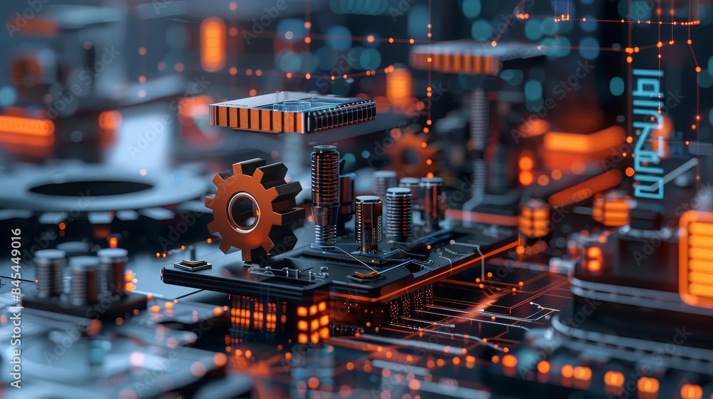 Futuristic technology circuit board with glowing orange and blue lights, showcasing intricate gear and electronic components. Futuristic technology circuit board with glowing orange and blue lights, showcasing intricate gear and electronic components.
