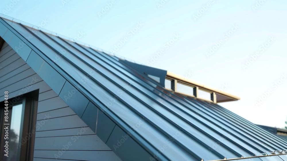 Modern Residential House with Metal Roof and Skylights Under Clear Blue Sky - Contemporary Architecture and Sustainable Building Design Modern Residential House with Metal Roof and Skylights Under Clear Blue Sky - Contemporary Architecture and Sustainable Building Design