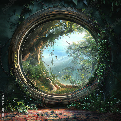 Hyper-Realistic Enchanted Forest  View Through a Round Window