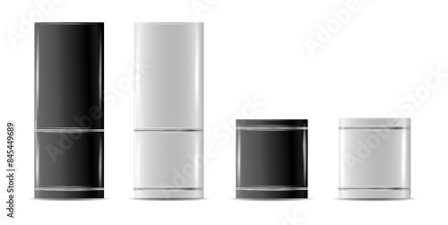 Modern fridges. Realistic silver coolers, refrigerators of different size for home or restaurant kitchen and cold products storage. Vector