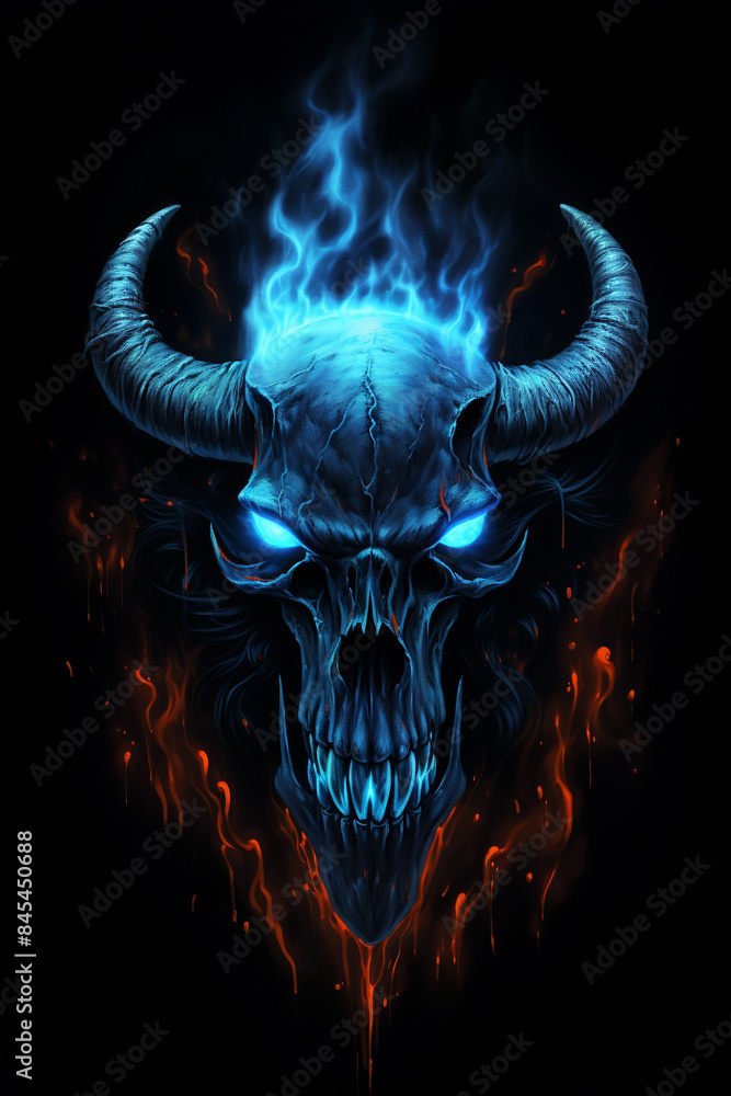 Fiery skull with horns and glowing blue eyes against a dark background. Fiery skull with horns and glowing blue eyes against a dark background.