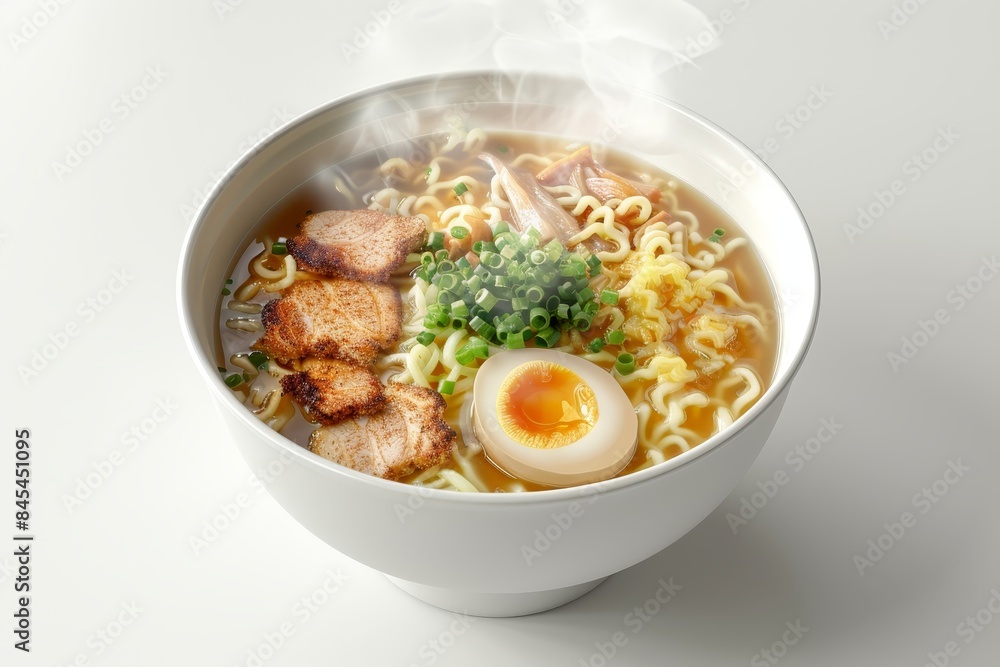 Hot bowl of steaming ramen with pork slices, soft-boiled egg, and green onions, perfect for a delicious and comforting meal. Hot bowl of steaming ramen with pork slices, soft-boiled egg, and green onions, perfect for a delicious and comforting meal.