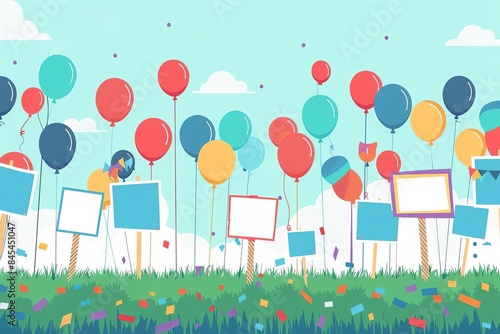 Multiple signs at a parade flat design side view celebration theme animation splitcomplementary color scheme photo