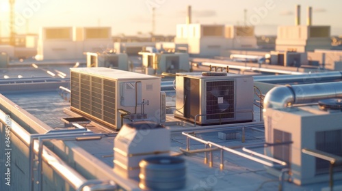 Modern Industrial Rooftop with HVAC Units and Ventilation Systems at Sunset, Showcasing Urban Infrastructure and Technology in a Cityscape Setting