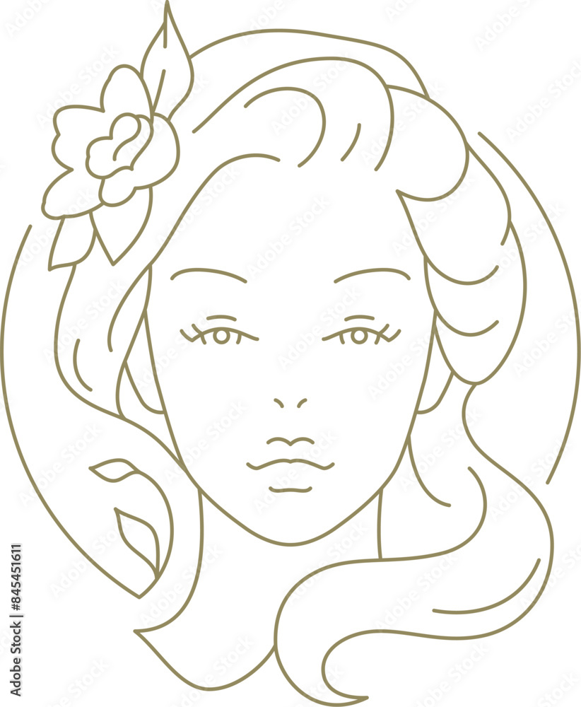 Portrait beautiful blossom flower woman in hand drawn circle frame linear logo vector illustration Portrait beautiful blossom flower woman in hand drawn circle frame linear logo vector illustration