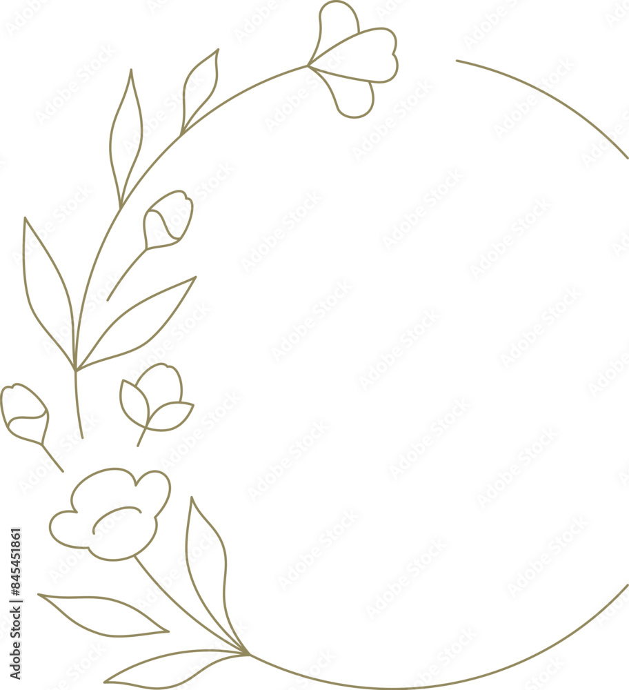 Botanical blossom flower wreath with leaves hand drawn line art round frame for logo vector Botanical blossom flower wreath with leaves hand drawn line art round frame for logo vector