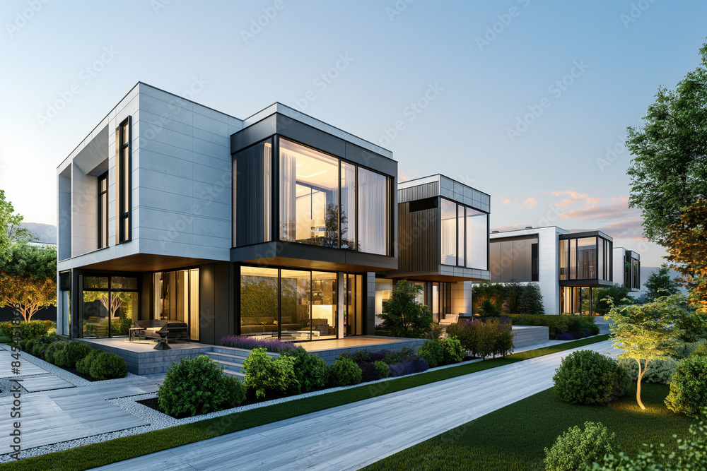modern house in the city, An ultra-realistic image of modern modular private houses showcasing sleek residential architecture modern house in the city, An ultra-realistic image of modern modular private houses showcasing sleek residential architecture