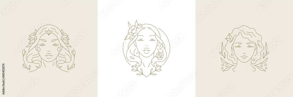 Mystic botany floral female face monochrome line art logo set vector illustration Mystic botany floral female face monochrome line art logo set vector illustration