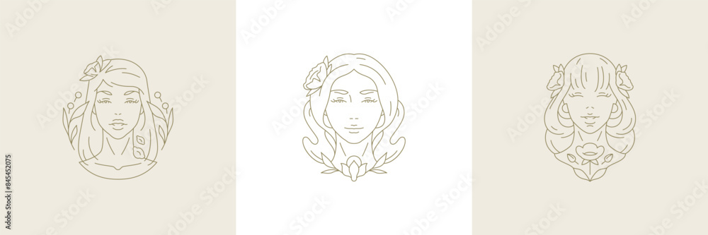 Floral beautiful woman portrait botanical blossom line art logo set vector illustration Floral beautiful woman portrait botanical blossom line art logo set vector illustration