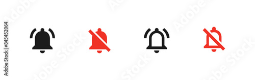 Bell notification icon set. On and off alarm and message. Vector illustration