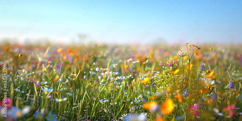 Fototapeta premium Sunny Field Bright blurred background image of a sunlit field with tall grasses, wildflowers, and a clear blue sky overhead. 