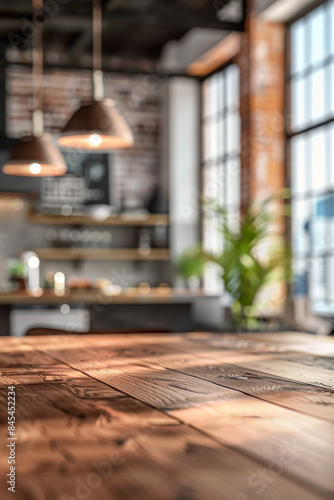 An elegant, polished wood dining table in the foreground with a blurred background of a luxury urban loft. The background features modern industrial decor, large windows with city views