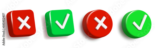 3d check and cross buttons. Red and green round buttons with 3D icons. Vector clipart isolated on white background. photo