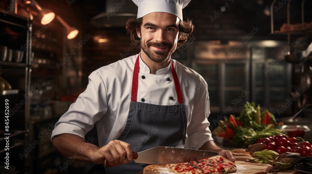 Professional Chef Preparing Fresh Pizza in a Modern Restaurant Kitchen with Fresh Ingredients and Vegetables Professional Chef Preparing Fresh Pizza in a Modern Restaurant Kitchen with Fresh Ingredients and Vegetables