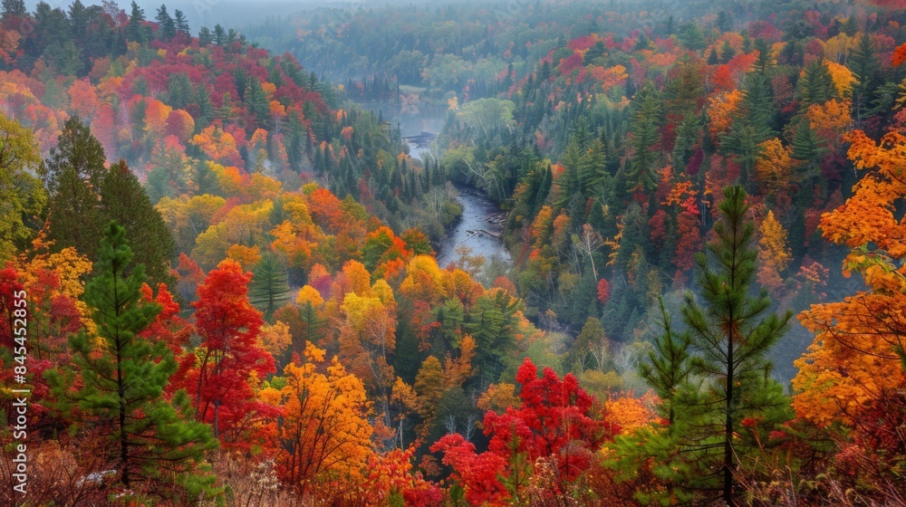 Vibrant Autumn Forest Panorama: River Meandering Through a Patchwork of Red, Orange, Yellow, and Green Trees from an Elevated Viewpoint Vibrant Autumn Forest Panorama: River Meandering Through a Patchwork of Red, Orange, Yellow, and Green Trees from an Elevated Viewpoint