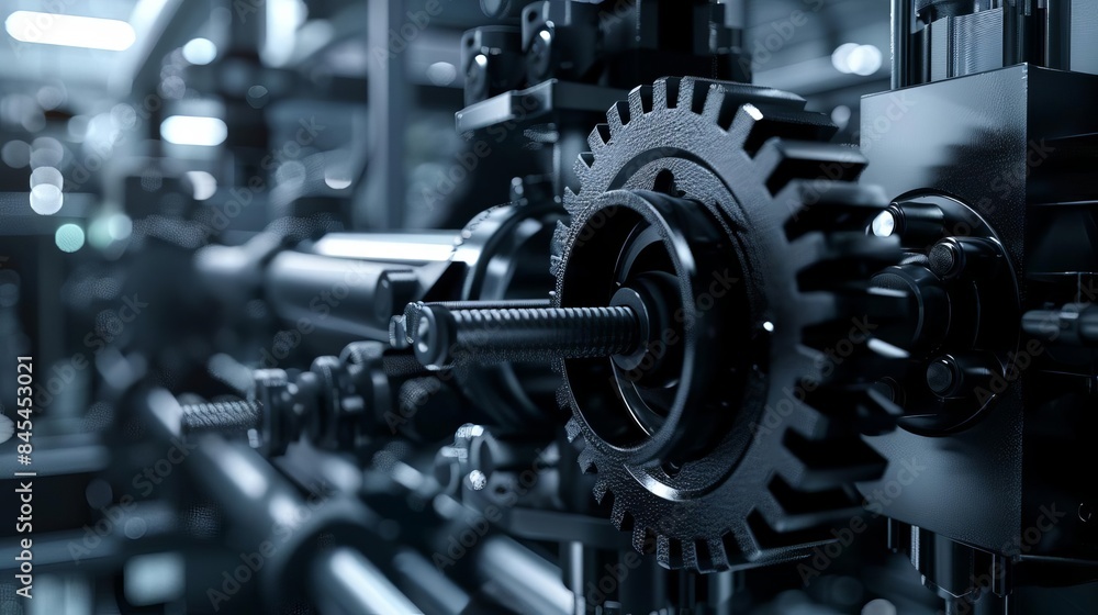 Realtime monitoring of rusty gears in industrial machines, side view, showing dynamic maintenance processes, futuristic tone, black and white Realtime monitoring of rusty gears in industrial machines, side view, showing dynamic maintenance processes, futuristic tone, black and white