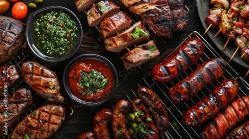 High-angle view of a Brazilian churrasco barbecue feast with grilled meats, sausages, and chimichurri sauce