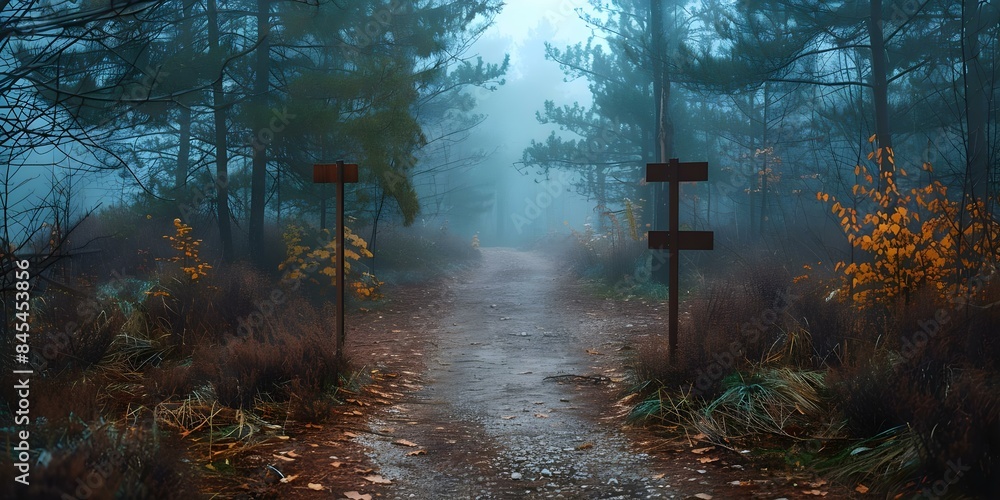 Ethical dilemma shown as diverging paths in foggy forest setting. Concept Ethical Dilemma, Diverging Paths, Foggy Forest, Decision Making, Morality Ethical dilemma shown as diverging paths in foggy forest setting. Concept Ethical Dilemma, Diverging Paths, Foggy Forest, Decision Making, Morality