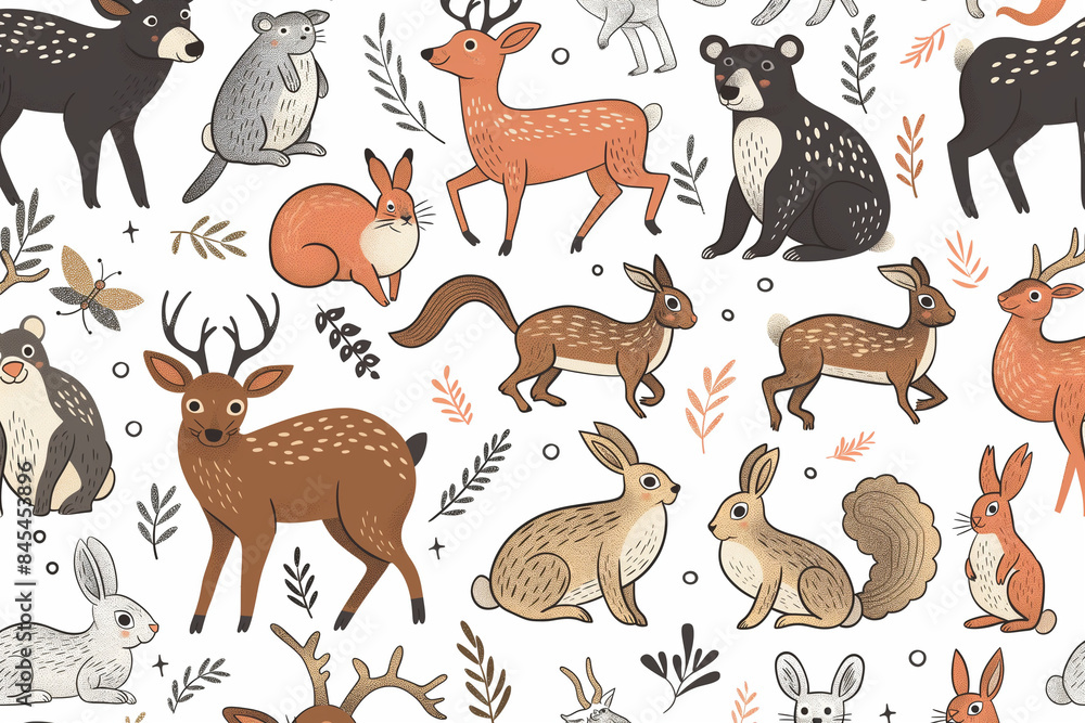 Obraz premium set of animals, Vector seamless pattern with hand-drawn wild forest animals. 