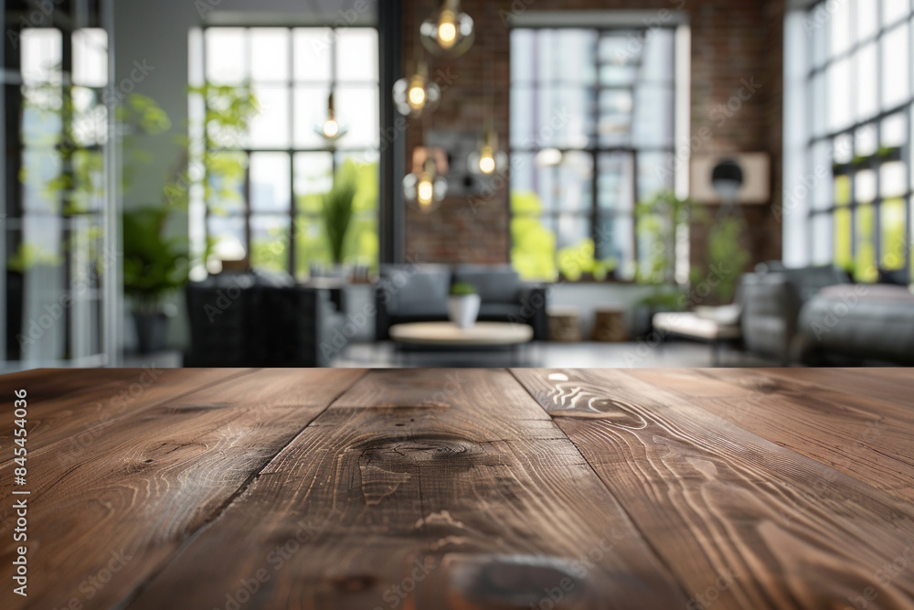 An elegant, polished wood dining table in the foreground with a blurred background of a luxury urban loft. The background features modern industrial decor, large windows with city views An elegant, polished wood dining table in the foreground with a blurred background of a luxury urban loft. The background features modern industrial decor, large windows with city views