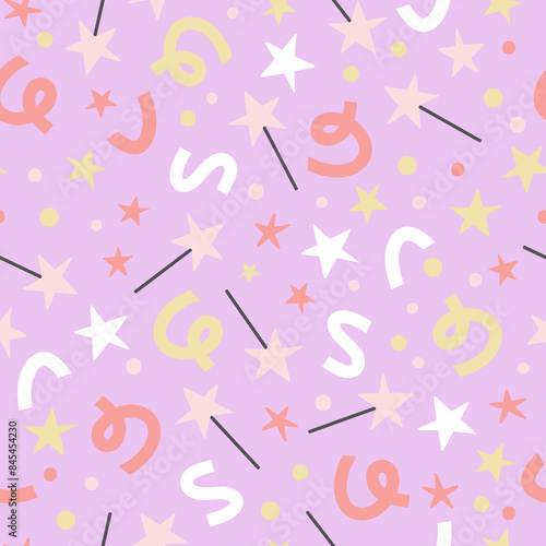 Seamless pattern with abstract elements, birthday party celebration, fun colorful abstract repeating background print, confetti
