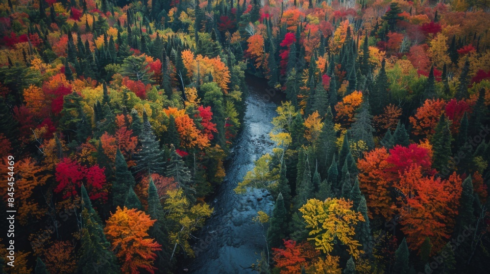 Vibrant Autumn Forest Panorama: River Meandering Through a Patchwork of Red, Orange, Yellow, and Green Trees from an Elevated Viewpoint Vibrant Autumn Forest Panorama: River Meandering Through a Patchwork of Red, Orange, Yellow, and Green Trees from an Elevated Viewpoint