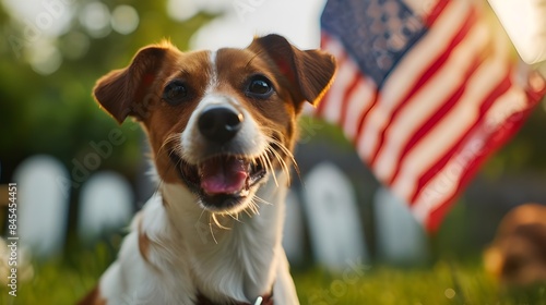 Happy Independence Day, puppy, and happy July 4th celebration. American flag for Labor Day, Memorial Day, Fourth of July, and White Graves. © kinza