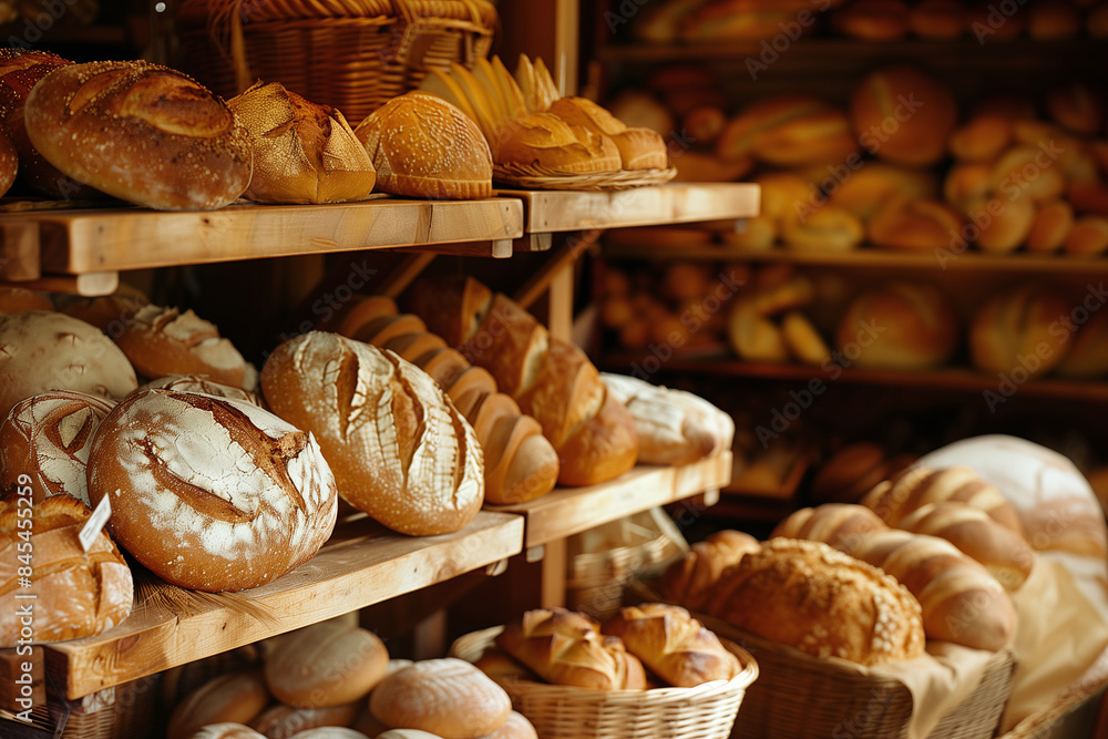 Assorted Freshly Baked Bread on Wooden Shelves in Bakery Assorted Freshly Baked Bread on Wooden Shelves in Bakery