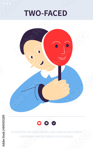 Two-faced - colorful flat design style banner with linear elements. Composition with person who hides his essence behind a mask. Emotions and expression of feelings, duality and doubt idea