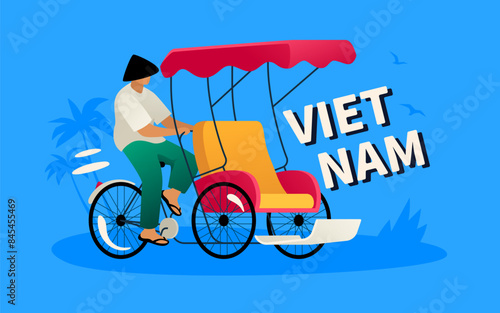 Tourist rickshaw driver - modern colored vector illustration with traditional eco-friendly transport on three wheels in Vietnam. Excursions and travel in Asia. National distinguishing feature