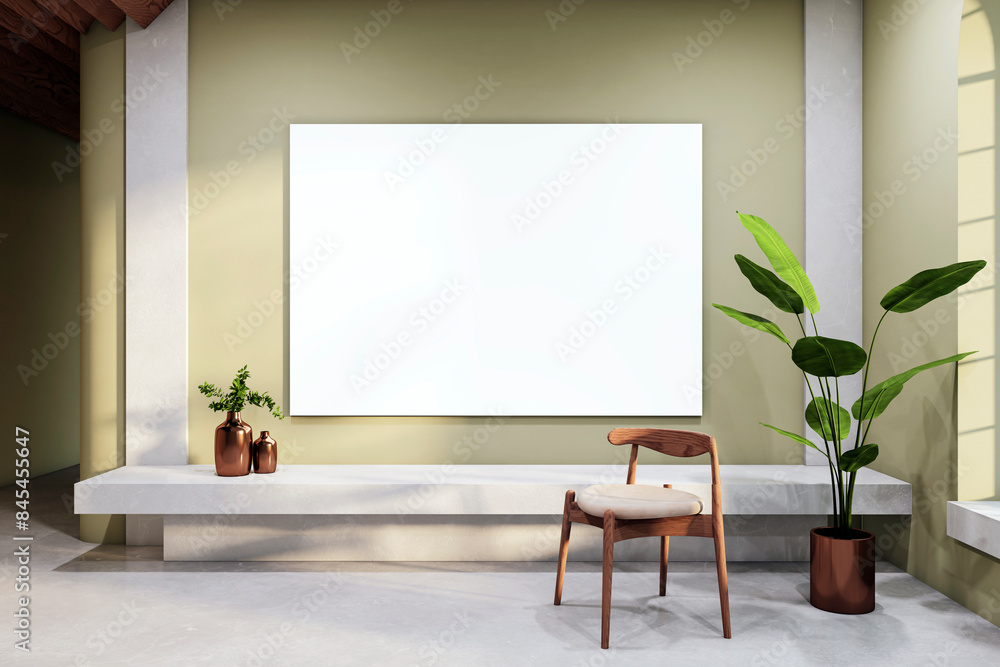 Modern room interior with a large blank white poster on the wall, stylish wooden chair, potted plants, and sunlight, concept of a gallery or exhibition space. 3D Rendering Modern room interior with a large blank white poster on the wall, stylish wooden chair, potted plants, and sunlight, concept of a gallery or exhibition space. 3D Rendering