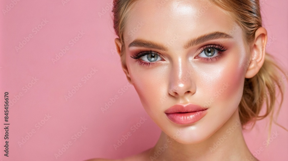 Fototapeta premium a young woman model with flawless makeup, copy space, banner