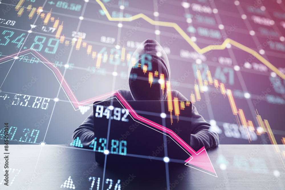 Ταπετσαρία A person in a hoodie using a laptop with a double exposure of declining financia