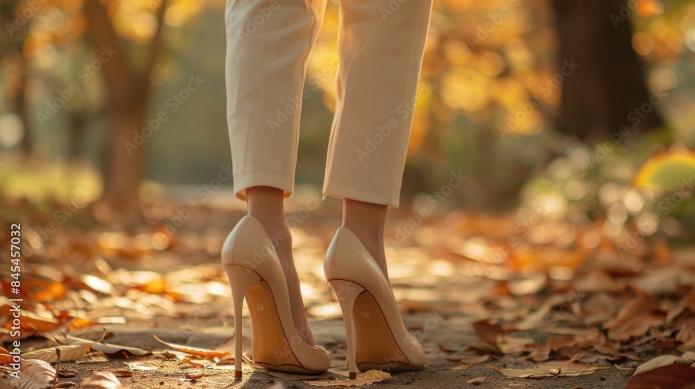 Elegant Cream High Heels on Autumn Walk Elegant Cream High Heels on Autumn Walk