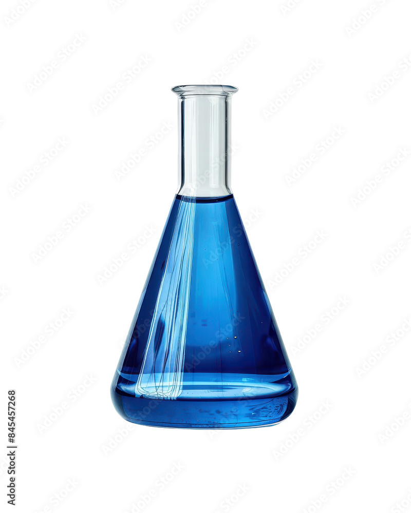 A classic laboratory Erlenmeyer flask filled with bright blue liquid, isolated on a white background. Ideal for science and chemistry themes. A classic laboratory Erlenmeyer flask filled with bright blue liquid, isolated on a white background. Ideal for science and chemistry themes.